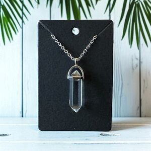 Clear Glass Crystal Point Necklace – Silver Tone Chain – Boho, Witch